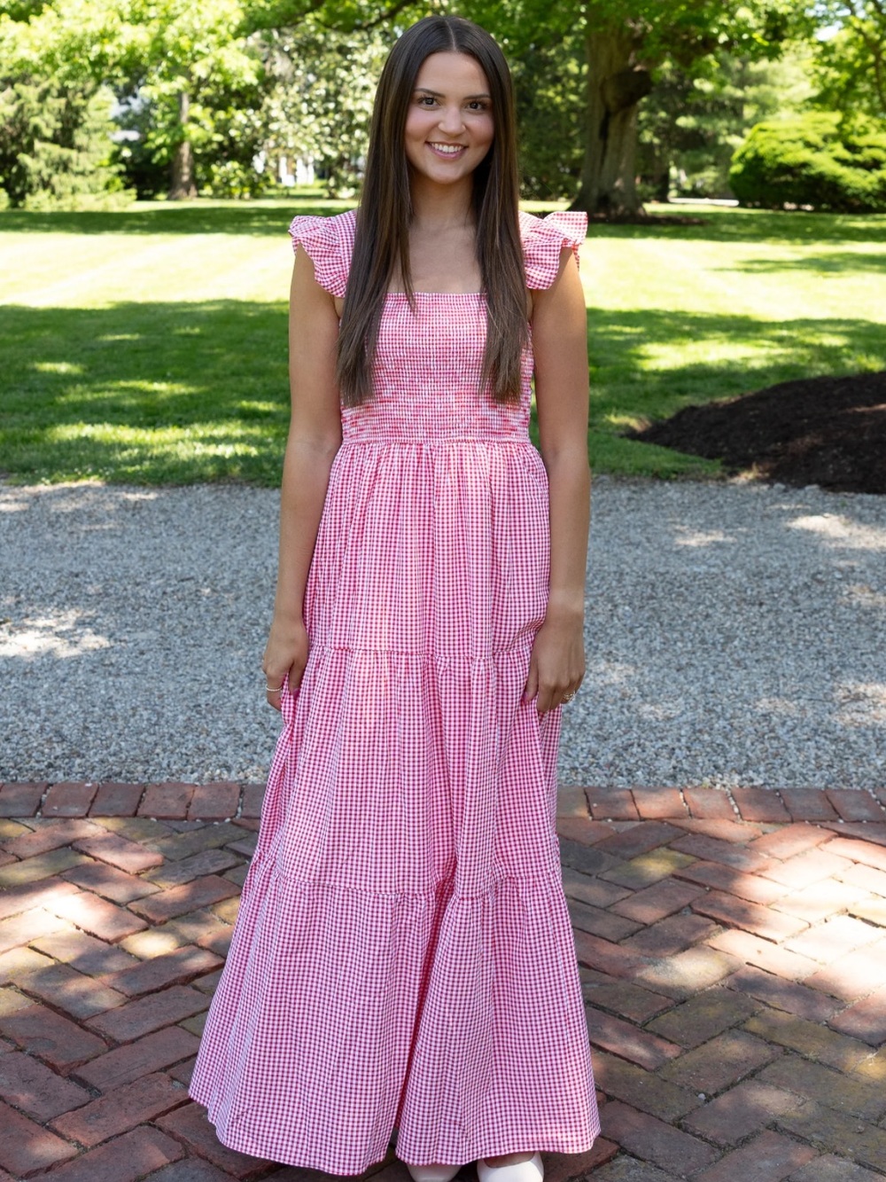 Red Gingham Maxi Dress with Ruffle Sleeves